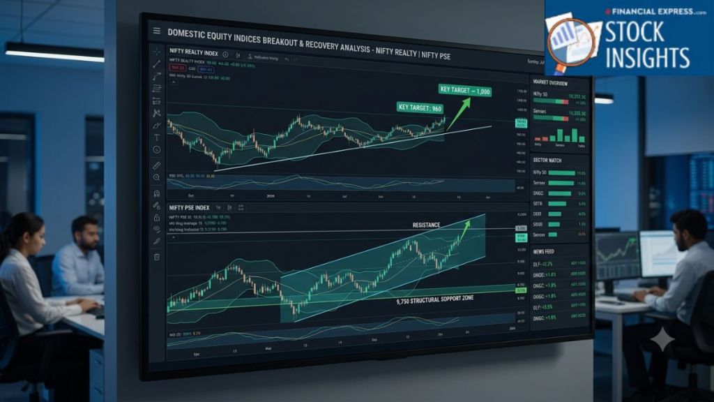 A sleek, high-end market analytics screen charting domestic equity indices. The interface features an upward breakout curve for the Nifty Realty index targeting the 960 and 1,000 marks, juxtaposed against a channel recovery model for the Nifty PSE index bouncing from its 9,750 structural support zone. A sleek, high-end market analytics screen charting domestic equity indices. The interface features an upward breakout curve for the Nifty Realty index targeting the 960 and 1,000 marks, juxtaposed against a channel recovery model for the Nifty PSE index bouncing from its 9,750 structural support zone.