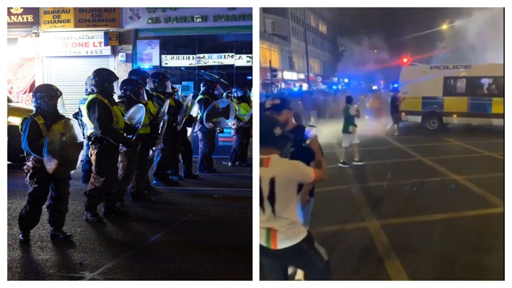 London violence: Riot Police injured on Edgware Road as fans clash. London violence: Riot Police injured on Edgware Road as fans clash.