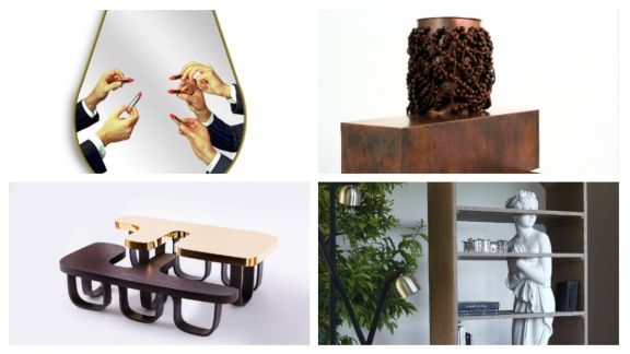 The Efo coffee table by Fendi Casa pairs metal with tropical hardwood Panga Panga; A bookcase incorporates a sculpture in resin-marble and wooden shelves by Italian design house Driade, available at luxury retailer Strrot in India; A pop art pear-shaped, gold-framed mirror with a red-lipstick motif by Italian design house Seletti