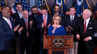 Newly appointed U.S. interim Senator, Darline Graham Nordone, with South Carolina Gov. Henry McMaster, right, and Sen. Time Scott (R-SC), left, speaks to members of the press (Photo: AP)