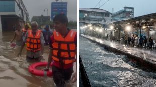 Rescue teams evacuate stranded people as severe waterlogging inundates the Food Mall on the Mumbai-Pune Expressway following heavy rainfall in Maharashtra.