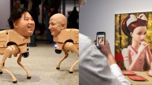 Laurie Simmon's artworks portray life-like doll scenes blending AI with traditional tactile media; Beeple’s installations feature autonomous robotic quadrupeds fitted with hyper-realistic silicone masks of well-known faces