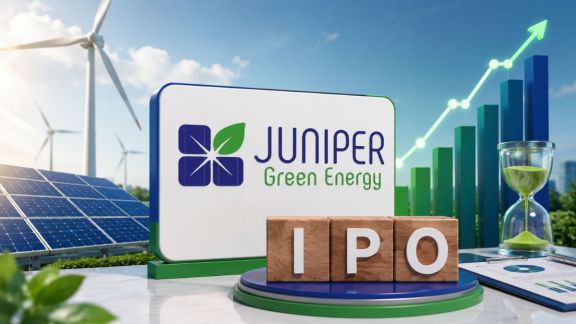Solar and wind renewable energy infrastructure visual highlighting Juniper Green Energy's utility-scale independent power producer (IPP) operations and debt reduction plans.
