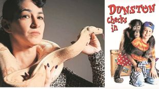 Performance artiste Zoe Ziegfeld with a snake during Met auditions in New York; Dunston played by Sam, a real orangutan from Dunston Checks In / AP