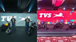 Vimal Sumbly and Gaurav Gupta of TVS with the new motorcycle range